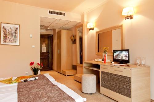 a hotel room with a bed and a television at Balneo Complex & Spa Aquatonik in Velingrad