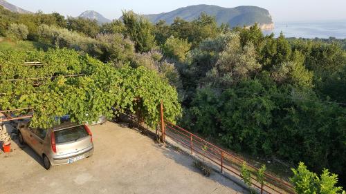 a car parked in a parking lot next to a forest at Vila Pogled in Petrovac na Moru