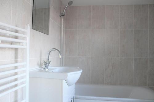 a bathroom with a sink and a bath tub at Jing's Loft Converted Studio in Edmonton