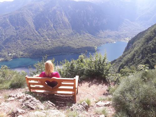 a woman sitting on a bench looking at a lake at Snežak (Snowman) 2 in Bohinj