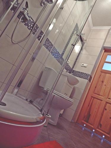 a bathroom with a toilet and two sinks at Pokoje u Kalaty in Szaflary
