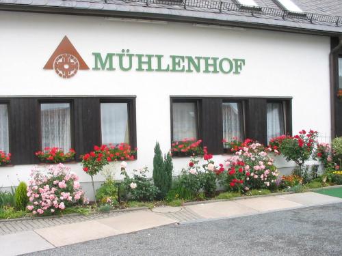 a white building with flowers in the windows at Hotel Mühlenhof in Heidenau