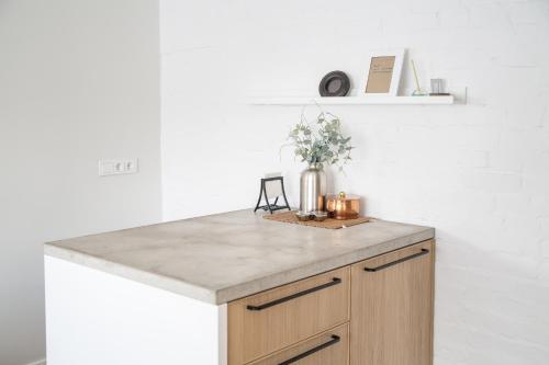 a kitchen with a counter with a vase of flowers at Downtown Apartment Rentals 2 in Šiauliai