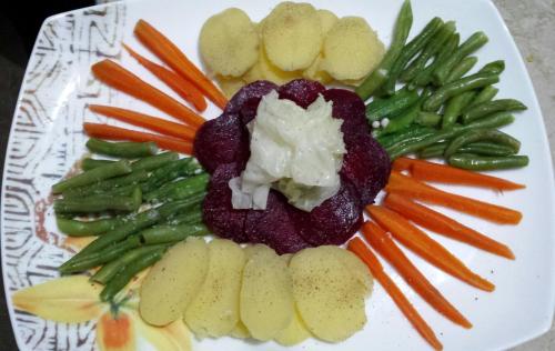 a plate of food with vegetables and dip on it at Nature's Hideout Holiday Home in Mirigama