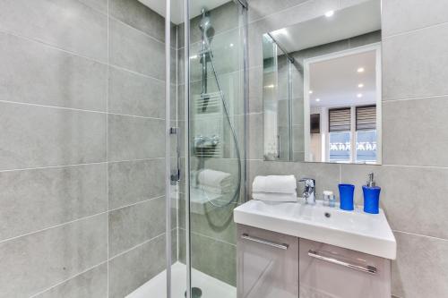 a bathroom with a shower and a sink and a mirror at 40-Flat Paris Eiffel in Paris