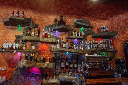 a bar with a bunch of bottles on the wall at Troll in Cisna