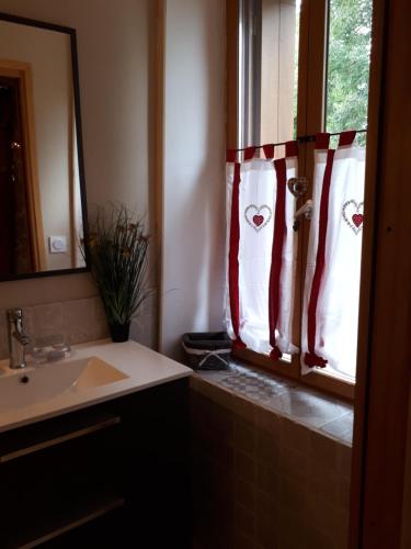 a bathroom with a sink and a window with red curtains at Chambres d hôtes Le clos des vins d anges in Saint-Pierre-des-Champs