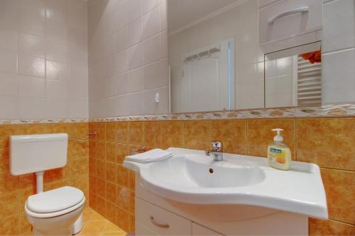 a bathroom with a sink and a toilet and a mirror at Apartments Del Sole in Nerezine