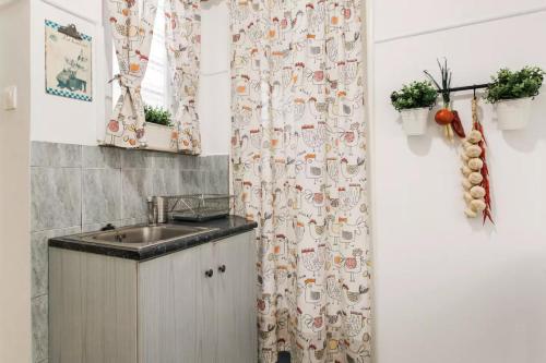 a kitchen with a sink and a shower curtain at Nephiria's Art House, Under the Acropolis! in Athens