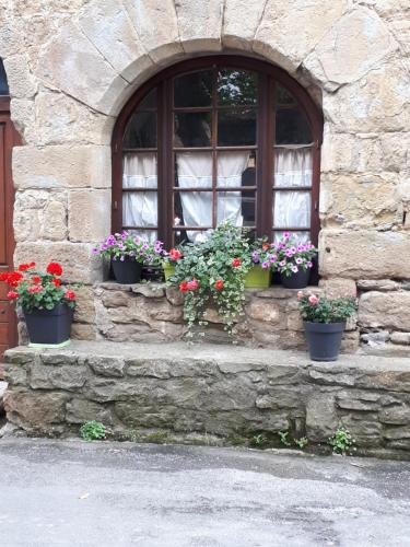 a window with pots of flowers on a stone ledge at Chambres d hôtes Le clos des vins d anges in Saint-Pierre-des-Champs