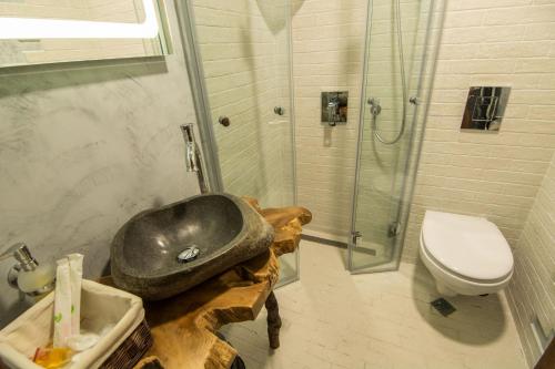 a bathroom with a sink and a shower and a toilet at Zaara Estate Winery Hotel & SPA in Glavan