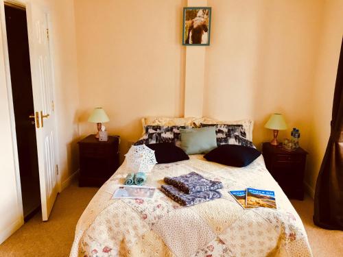 a bedroom with a large bed with books on it at Treasure Box Retreat in Clifden