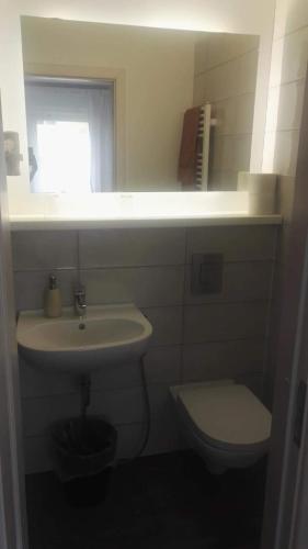 a bathroom with a sink and a toilet and a window at Haus Piller in Bad Hofgastein