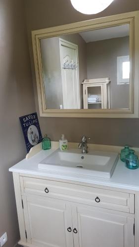 a bathroom sink with a large mirror above it at La THIBAUDIERE Tilleul in Châlus