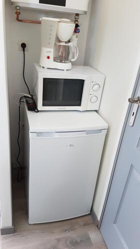 Un four micro-ondes est installé au-dessus d'un réfrigérateur blanc. dans l'établissement La THIBAUDIERE Tilleul, à Châlus