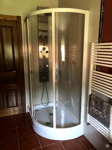 a shower with a glass enclosure in a bathroom at O Capricho in Barizo