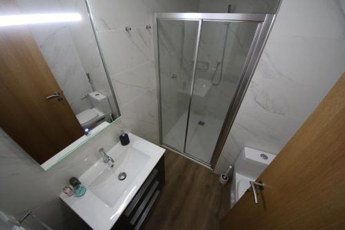 a bathroom with a shower and a sink and a toilet at Povoa do Mar in Póvoa de Varzim