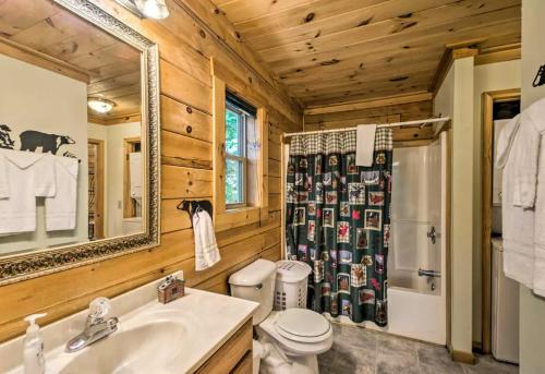 a bathroom with a toilet and a sink and a mirror at Nantahala Cabins in Bryson City