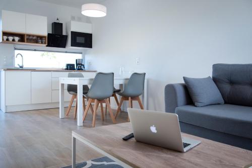 a living room with a couch and a laptop on a table at NORTHON Domy z widokiem na morze in Trzęsacz