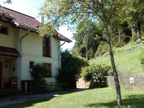 a house with a tree in front of a yard at Ferienhaus Waldsicht in Flachau