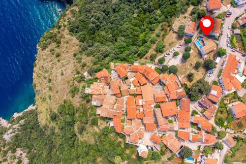 an aerial view of a village on a hill next to the ocean at Villa Chiara in Brseč