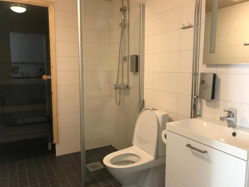 a bathroom with a toilet and a shower and a sink at Antintorni Suite 17 in Pori