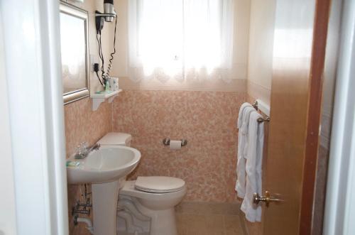 La petite salle de bains est pourvue de toilettes et d'un lavabo. dans l'établissement Sara Glen Motel - Saratoga Springs-Glens Falls, à Saratoga Springs