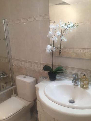a bathroom with a sink and a toilet and a vase of flowers at Poseidons Pearl Duquesa in Manilva