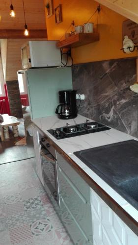 a kitchen with a stove and a counter top at Villa Étienne in Le Mont-Dore