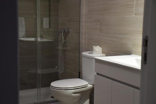 a bathroom with a toilet and a shower and a sink at Varandas do Mosteiro in Batalha