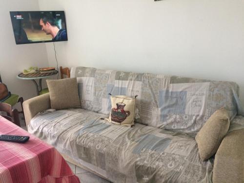 um sofá com uma almofada na sala de estar em Roseto degli Abruzzi Fronte Mare em Roseto degli Abruzzi