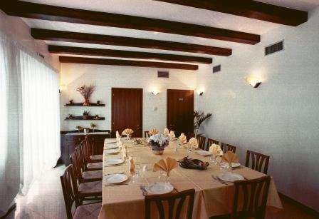 a long dining room with a long table and chairs at Hotel Ristorante Pedrocchi in San Giorgio di Perlena