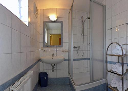 La salle de bains est pourvue d'un lavabo et d'une douche. dans l'établissement Dependance II, à Schladming