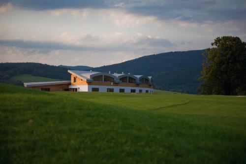 a house on top of a green field at Grund Resort Golf and Ski in Mladé Buky