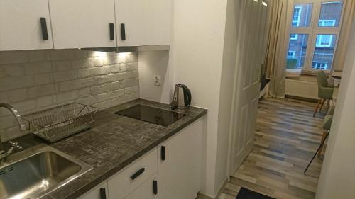a kitchen with a sink and a counter top at Tawerna Rybaki Old Town in Gdańsk
