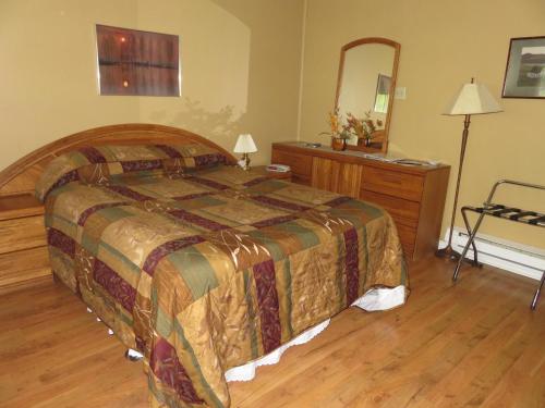 a bedroom with a large bed and a mirror at Lush's Cottages in Cormack