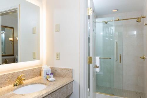 a bathroom with a sink and a shower at The Cook Hotel & Conference Center in Baton Rouge