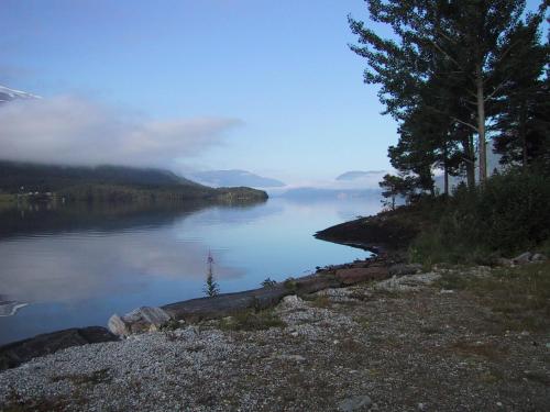 a view of a body of water with trees on the shore at Naustloftet in Hornindal