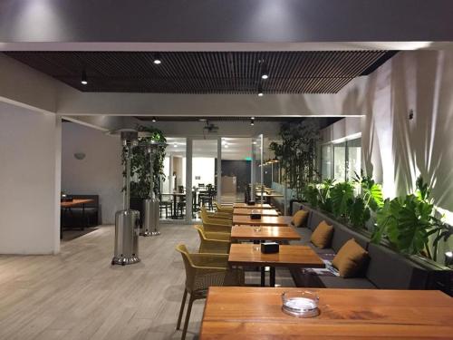 a row of tables in a restaurant with plants at Apart Hotel Viscachani in Arica