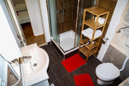 a bathroom with a shower and a sink and a toilet at Kolbe Hvar Piazza Apartment in Hvar