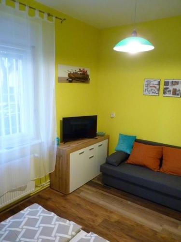 a living room with a couch and a television at Eper Apartman in Debrecen
