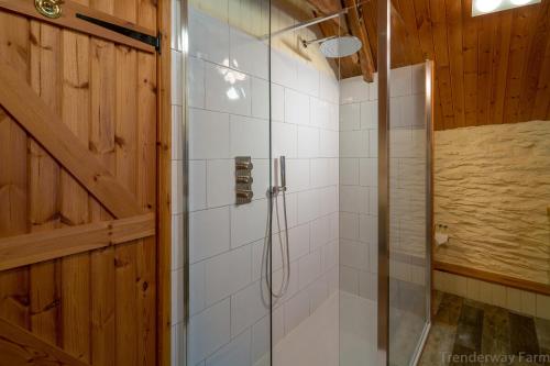 a bathroom with a shower with a glass door at Trenderway Farm in Looe