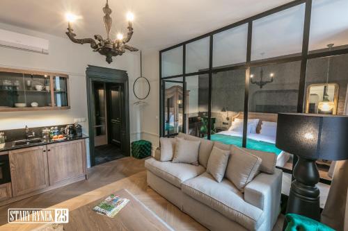 salon z kanapą i łóżkiem w obiekcie Apartamenty Stary Rynek 25 Toruń w Toruniu