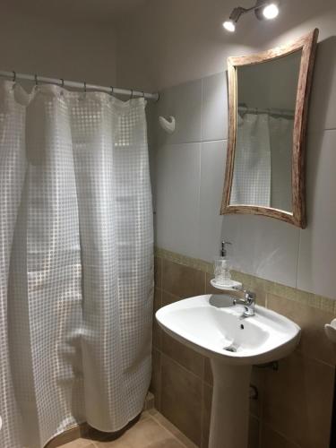 baño con cortina de ducha blanca y lavamanos en Departamento a estrenar en Río Cuarto