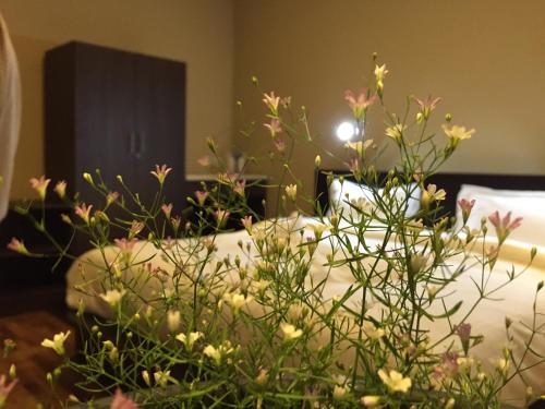 a vase filled with flowers on top of a table at Panorama Green View Hotel Nuwara Eliya in Nuwara Eliya