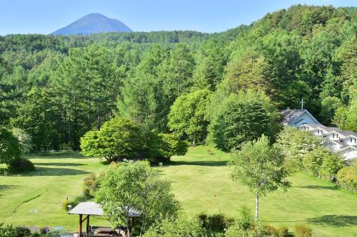 an aerial view of a park with trees and a house at Tateshina Park Hotel in Chino