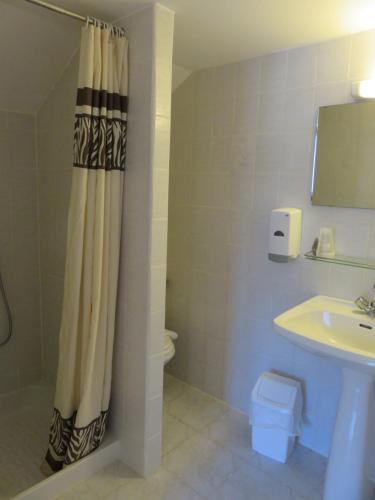 a bathroom with a shower curtain and a sink at Hôtel Le Bel Air in Lanuéjols