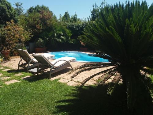 un paio di sedie sedute accanto alla piscina di L'affittacamere nel parco "Appia antica" - Piscina a uso ospiti a Roma