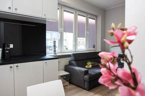 ein Wohnzimmer mit einem Sofa und einem TV in einem Zimmer in der Unterkunft Novel in Warschau