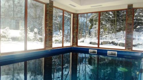 a swimming pool in a house with snow covered trees at Hotel Górski Raj in Koninki